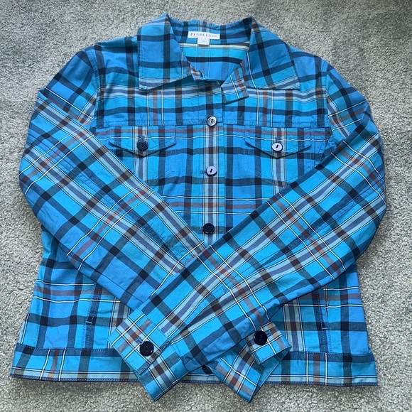 Pendleton Shirt Jacket Womens medium Blue Plaid Lightweight Stretch - Picture 2 of 12